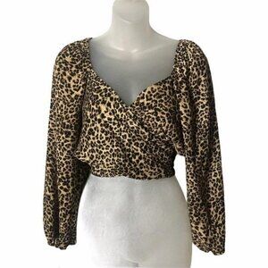 Audrey 3+1 Brown Leopard Print Wrap Front Crop Long Sleeve Top S